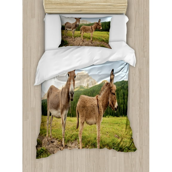 Donkey Duvet Cover Set Twin Size, Two Cute Donkeys Standing on the Meadow in Dolomites Italy Mediterranean Countryside, Decorative 2 Piece Bedding Set with 1 Pillow Sham, Multicolor, by Ambesonne