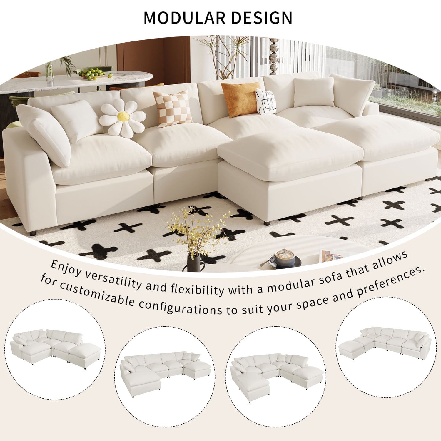 Harper & Bright Designs Convertible Modular Sectional Sofa with 2 Removable Ottomans & Pillows, Large U Shape Cloud Couch with Reversible Chaise for Living Room, Beige