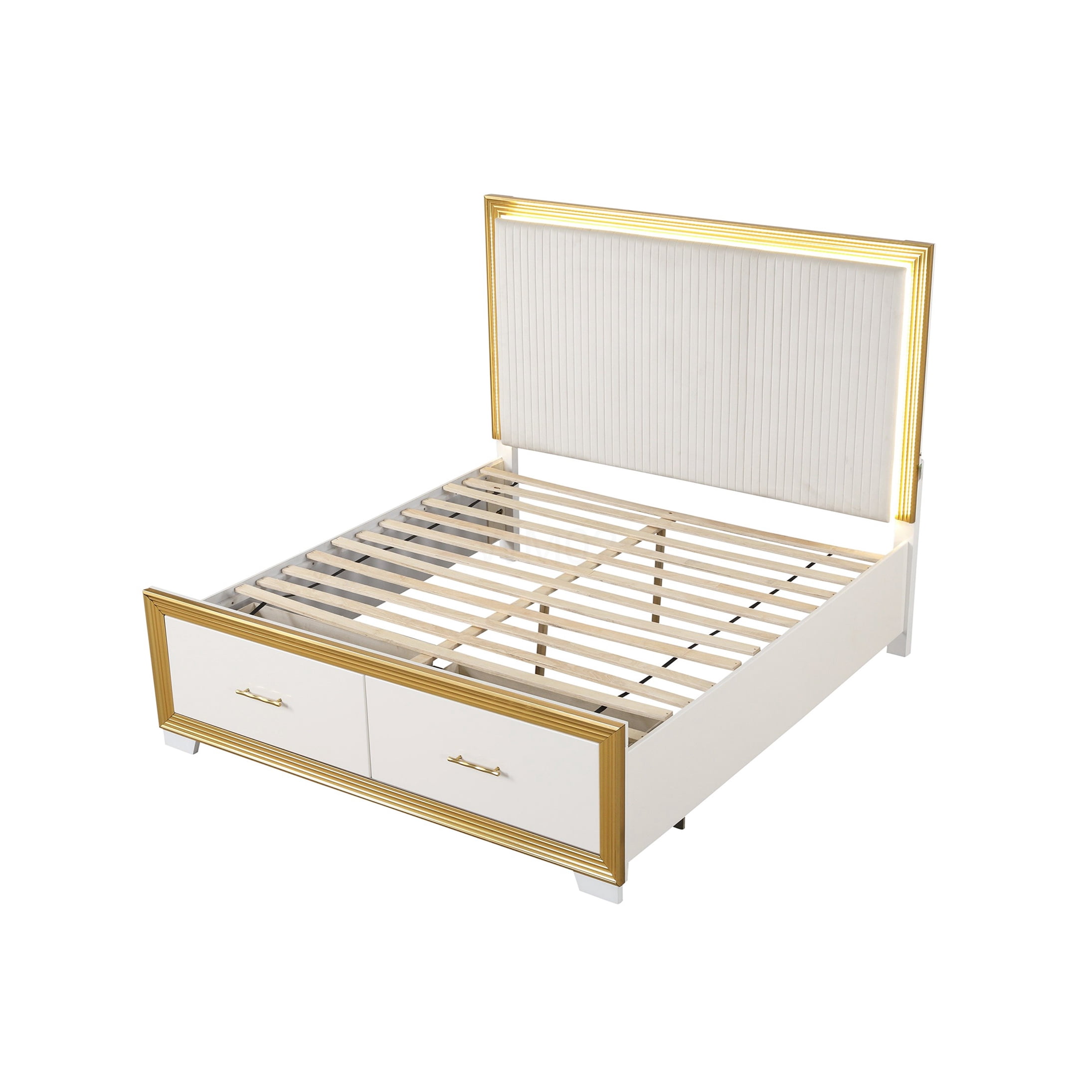 Queen Size Bed Frame with LED Headboard and Storage, Upholstered Platform Bed with Gold Finish