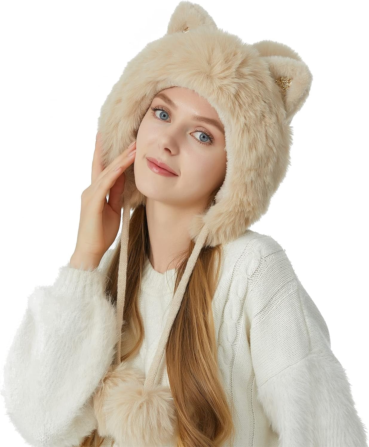 Women Winter Cover Ears Beanie Hat Ear Flaps Ski Snow Hats Knit Fleece Lined 3 Pom Pom