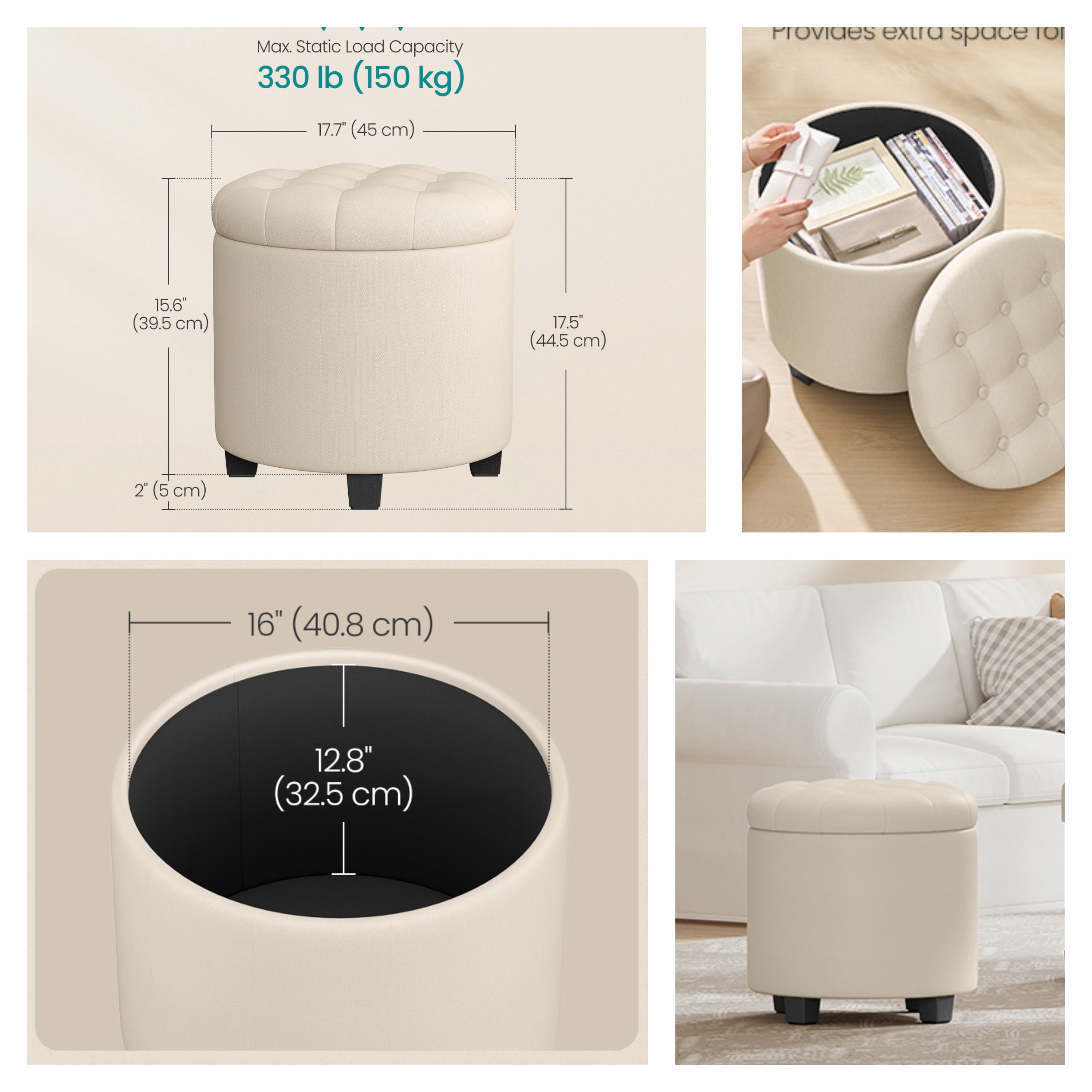 LEDREM Round Storage Ottoman - 17.7" Foot Rest with Hidden Storage, 330lb Capacity, Linen-Look Upholstery, Non-Slip Feet - for Living Room, Bedroom, Light Beige