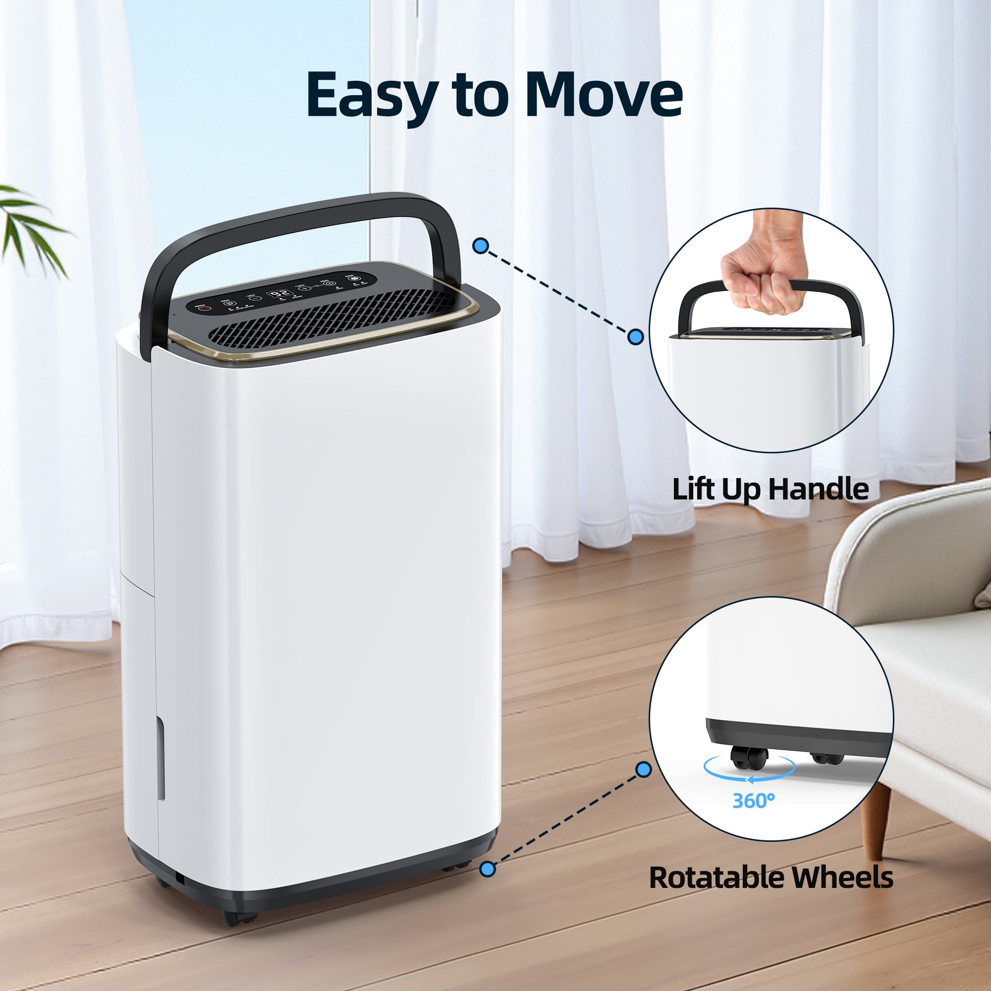 50 pt. 4500 sq. ft. Portable Dehumidifier in White, with Bucket, Drain Hose, Continuous Run, 24H Timer, Child Lock, 40dB