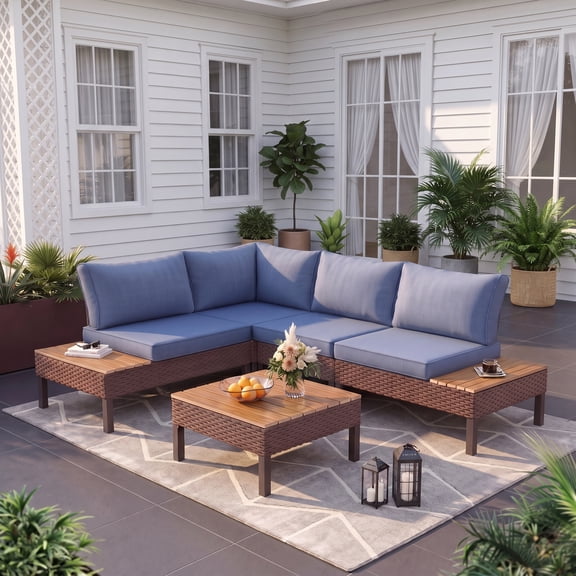 Poteban 5-piece Rattan Outdoor Patio Sofa Set,L-Shaped Sectional Sofa Couch with Coffee Table for Backyard,Lawn,Garden,Navy Blue