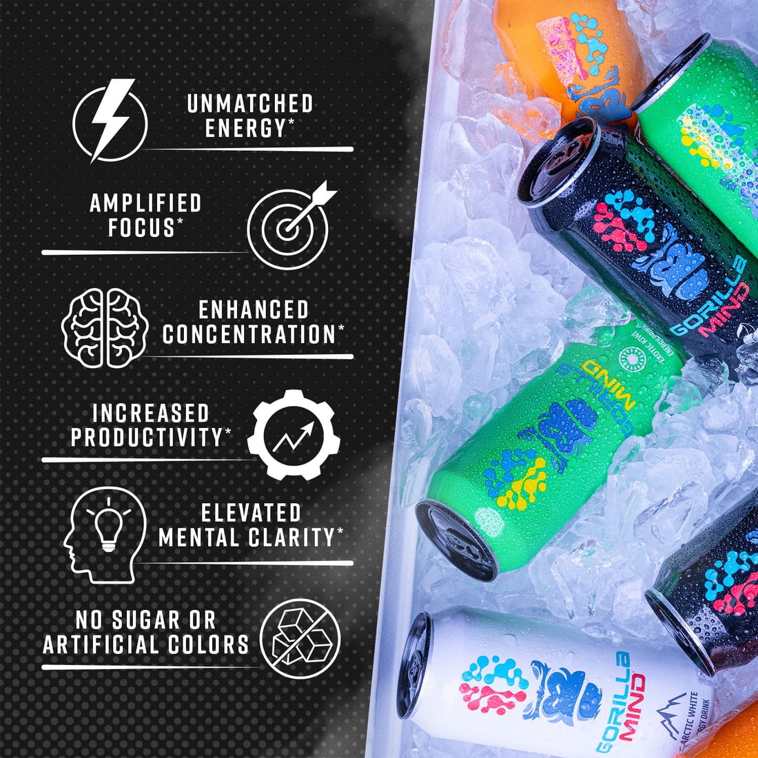Gorilla Mind Energy Drink | Unmatched Energy · Amplified Focus | N-Acetyl-L-Tyrosine, Alpha-GPC, 200mg Caffeine, Uridine, Saffron | 0 Sugar Or Artificial Colors | 16oz, 12-Pack (Citrus Rain)