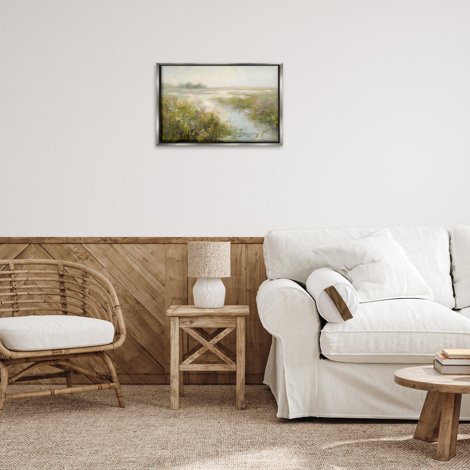 Stupell Industries Spring River with Wild Blooms Landscape & Nature Painting Gray Floater Framed Canvas Art Print Wall Art, 25 x 17