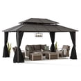 thumbnail image 2 of Sunjoy Hardtop Gazebo 12 x 16 ft. Outdoor Gazebo, Heavy Duty Steel Frame Gazebo, Double Tiered Metal Gazebo with Ceiling Hook and Removable Netting Sidewalls, Brown, 2 of 10