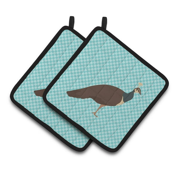 Caroline's Treasures Indian Peahen Peafowl Blue Check Pair of Pot Holders