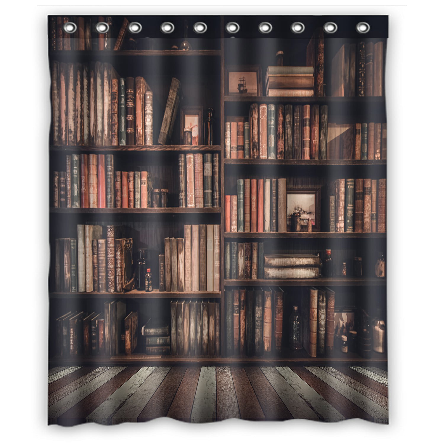 Bookshelves and Books Bathroom Fabric Shower Curtain Set With Hooks 71Inch Long 