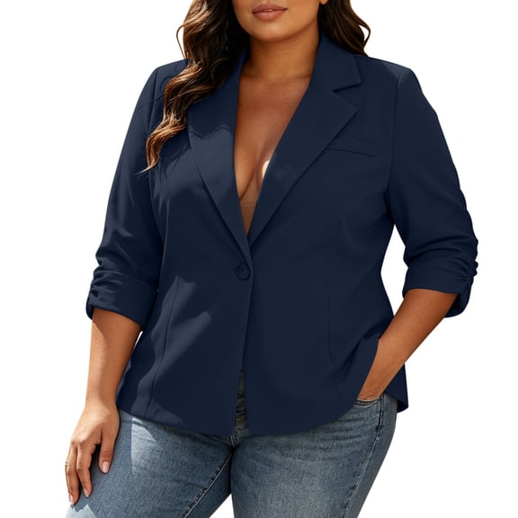 Ghalytn Plus Size Women's Notch Lapel Blazer with Decorative Pocket, Rolled 3/4 Sleeve Cropped Fit Casual Jacket L-5XL