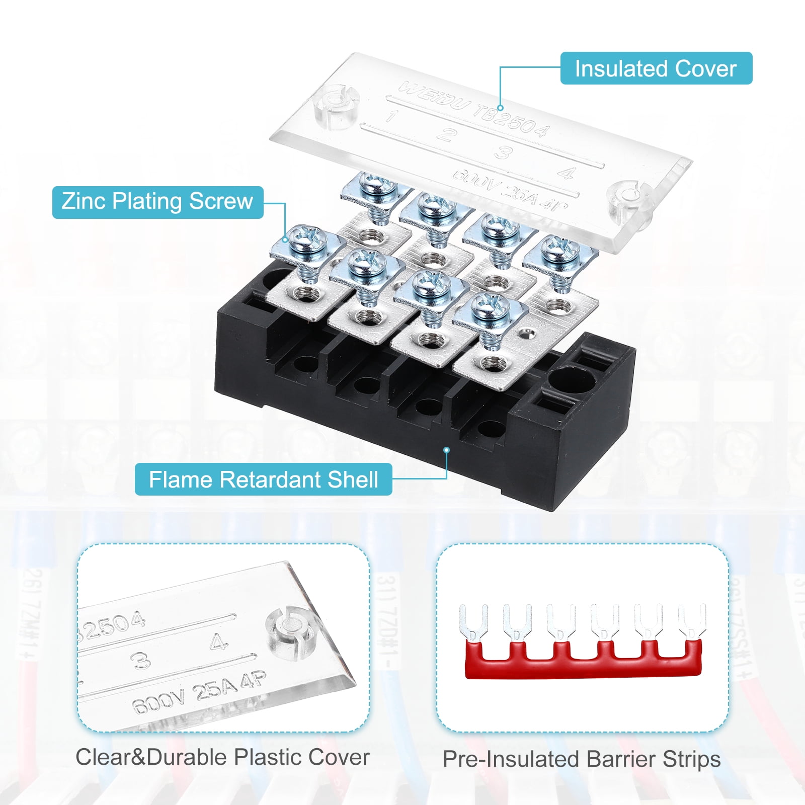 Uxcell 5 Pcs Dual Row Terminal Block, 600V 25A 6 Positions Screw Terminal Block with 5PCS Pre-Insulated Barrier Strips for Power System, Home Appliances