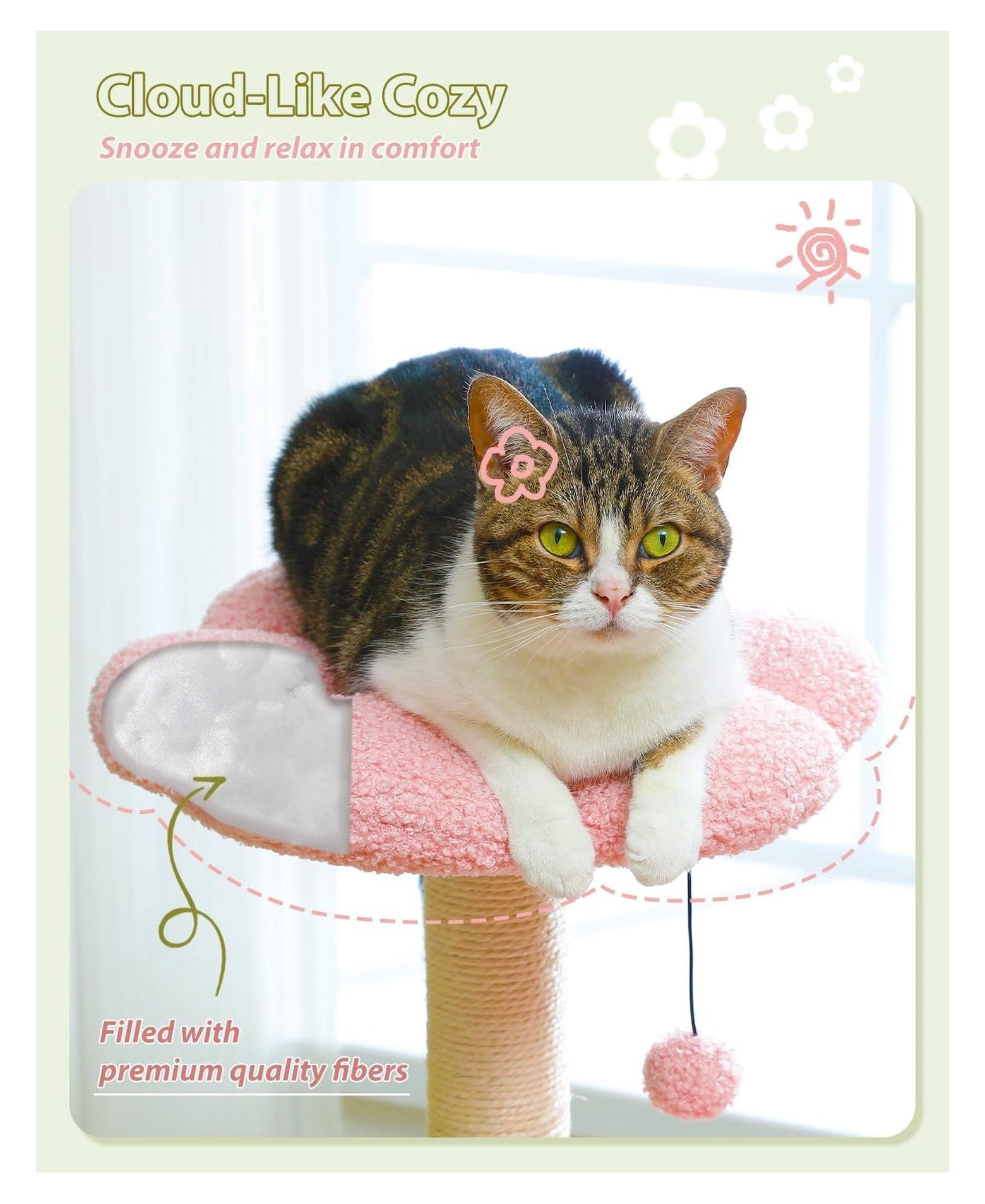 Flower Cat Tree 36.6", Pink Cat Tower with Scratching Posts, Hammock & Condo for Kittens - Large Indoor Cat Tree with Perch & Fluffy Ball