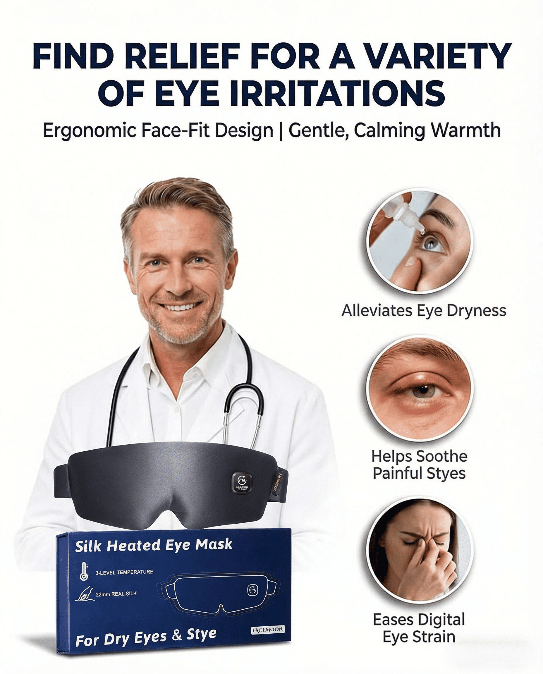 FACEMOON Rechargeable Cordless Heated Eye Mask Silk Comfort for Tired Eyes Moist Heat Warm Compress Washable Sleep Aid Gray