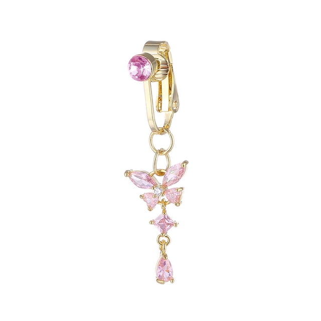 Anillo de ombligo de cobre con microincrustaciones, estilo mariposa rosa, ombligo falso sin agujero, anillo de ombligo falso sin perforación, joyería sexy para piercing en el ombligo