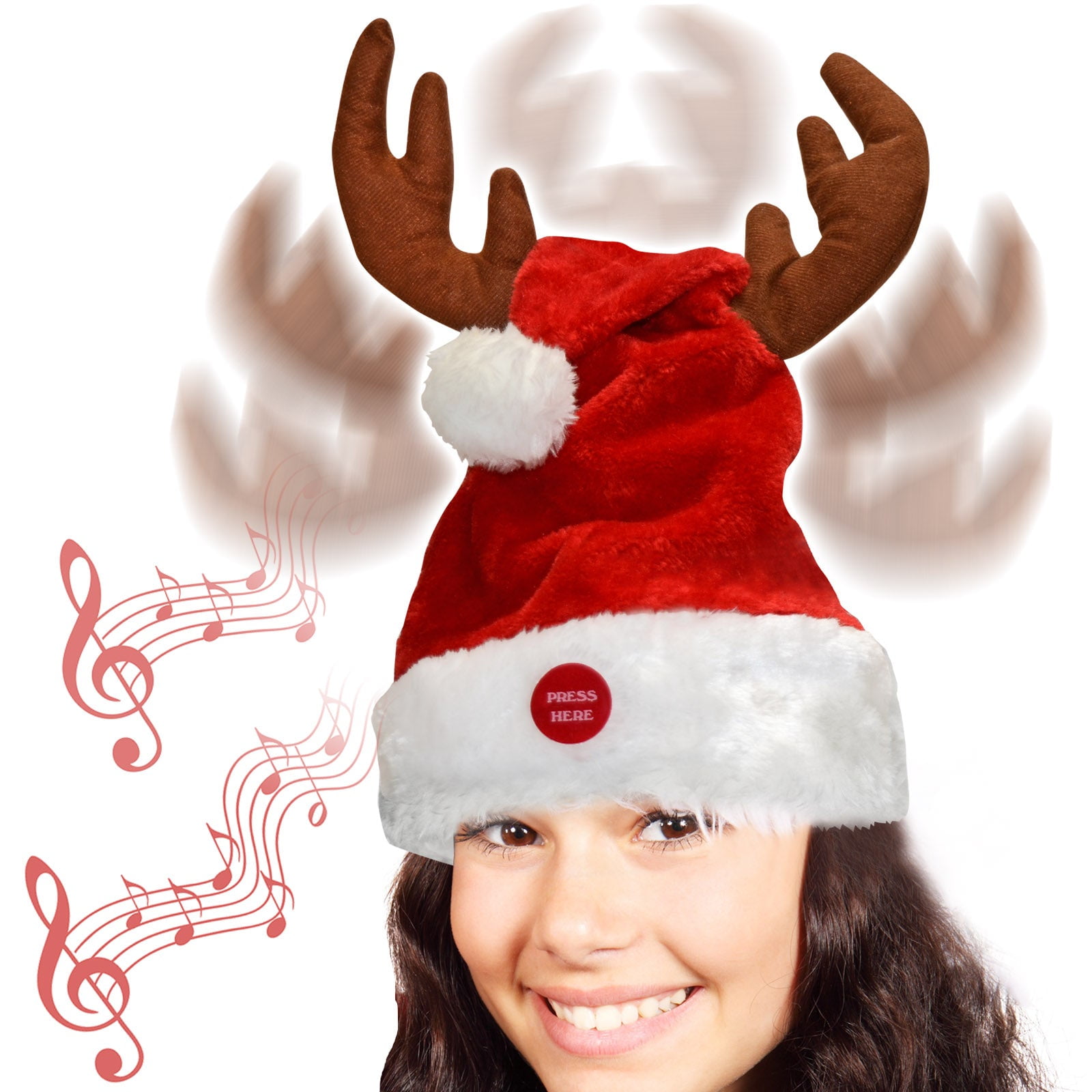 SUNNY OUTDOOR Plush Santa Hat Singing Dancing Deer Antlers Party Hat, Battery not included
