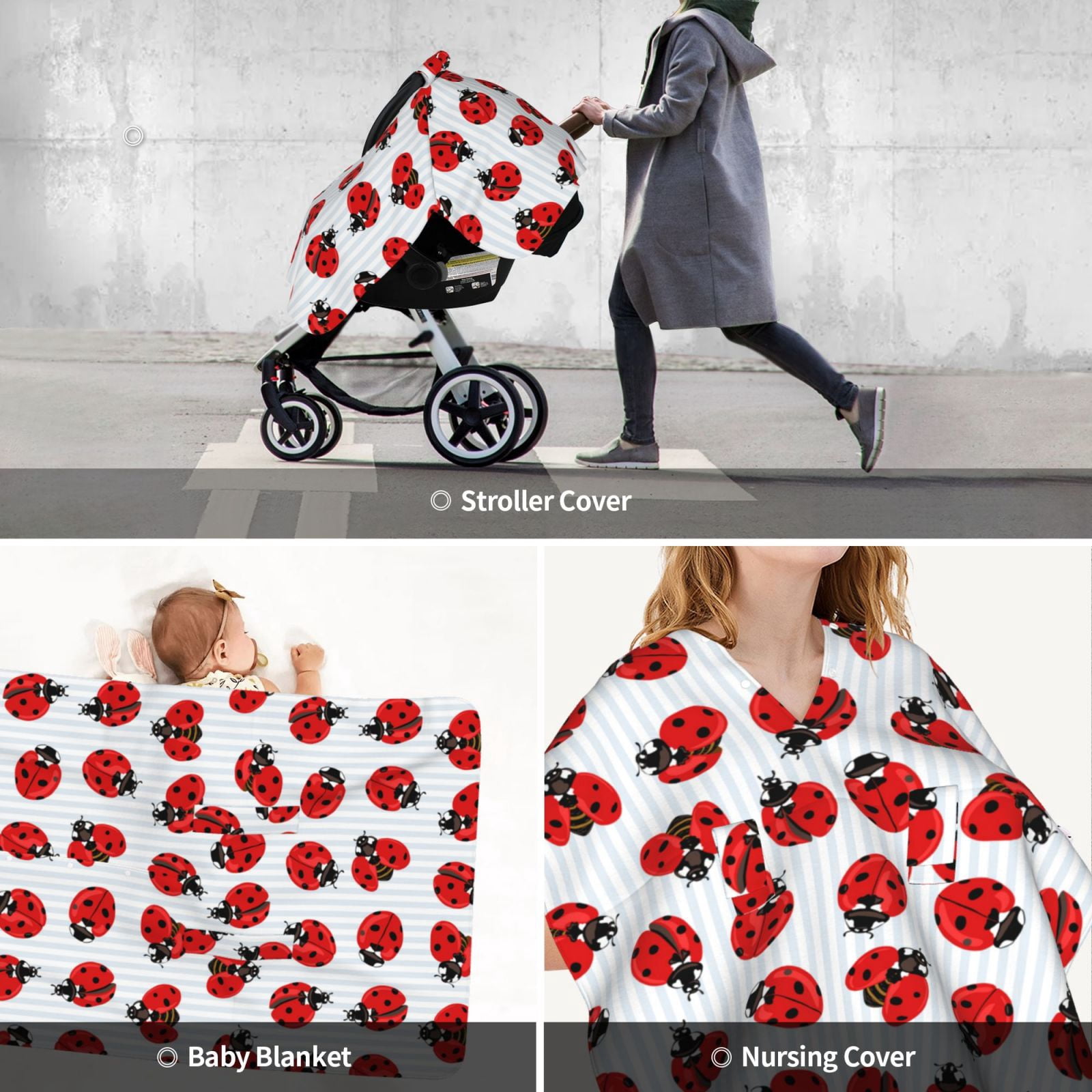 Car Seat Cover Baby - Ladybug On Blue Stripes Breathable Infant Car Seat Cover for Baby Carseat, Lightweight Comfort Baby Essentials Must Haves Newborn Stuff for Girl Boy