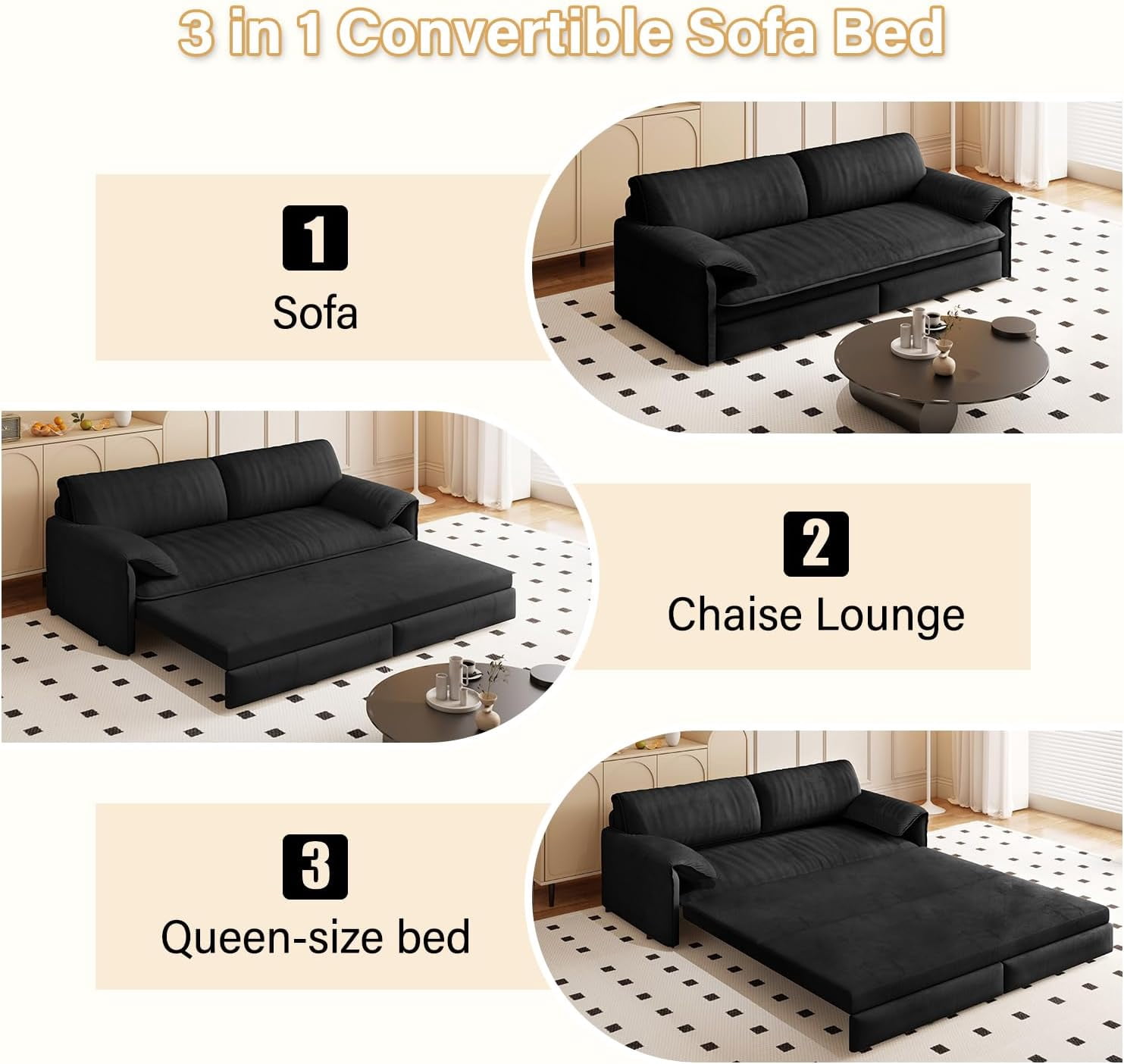 66" Queen Pull Out Sleeper Sofa, 3‑in‑1 Velvet Convertible Loveseat with Side Storage for Apartment Bedroom