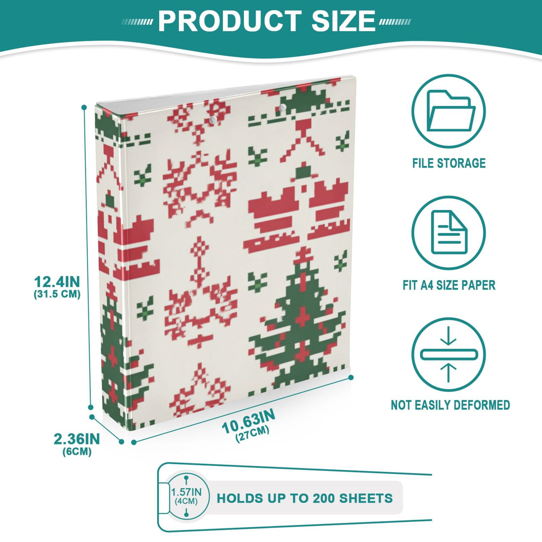 Christmas Pixel 3 Ring Binders 1.5 inch Hardcover File Folders with Interior Pockets A4 Size Organizer for School Office Hospital