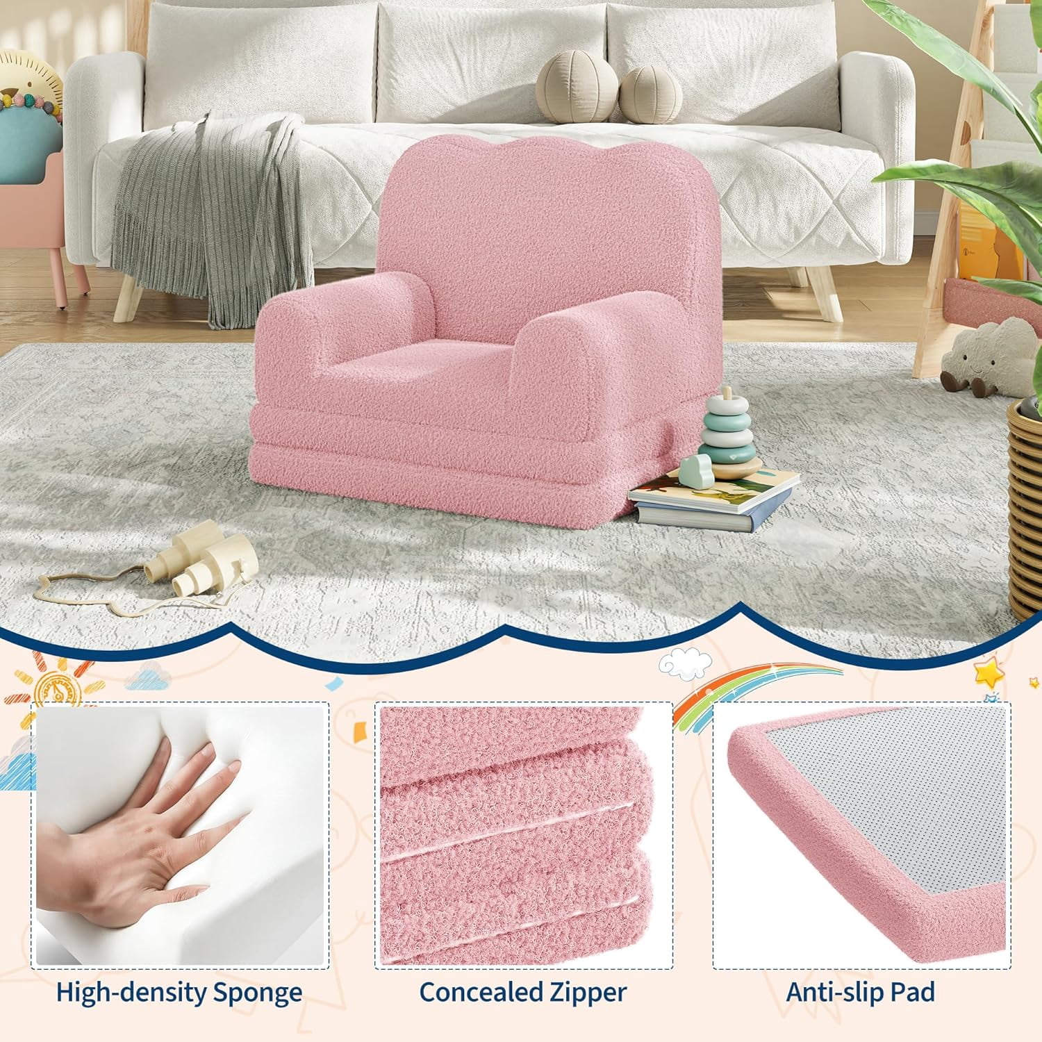 Kids Couch, 2-in-1 Convertible Teddy Fleece Fabric Toddler Sofa Chair, Soft Fold Out Couch Lounger for Kids, Comfy Children's Sofa Bed for Playroom, Nursery, Birthday Gift (Pink)
