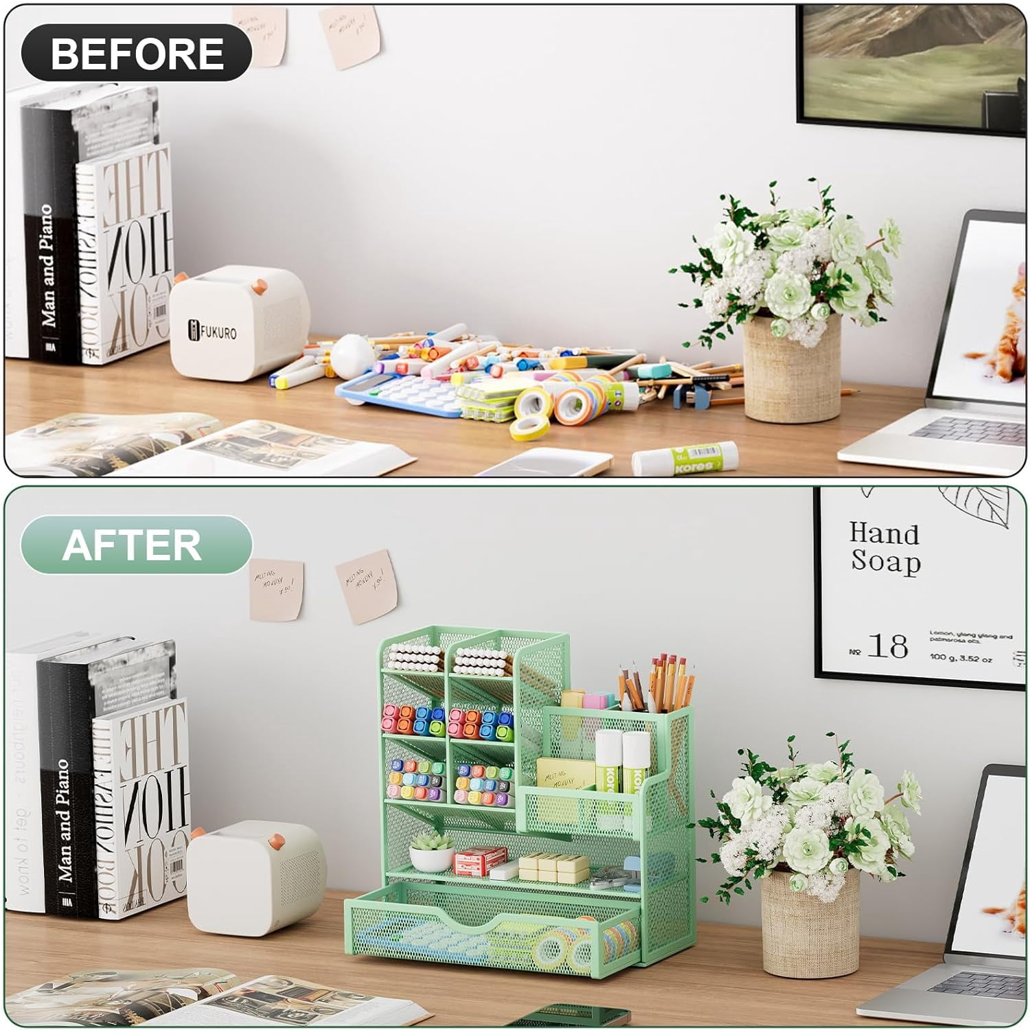 Mesh Pen Holder for Desk, Multi-Functional Pencil Organizer with Drawer, Desk Organizers and Accessories for Office Art Supplies (Green)