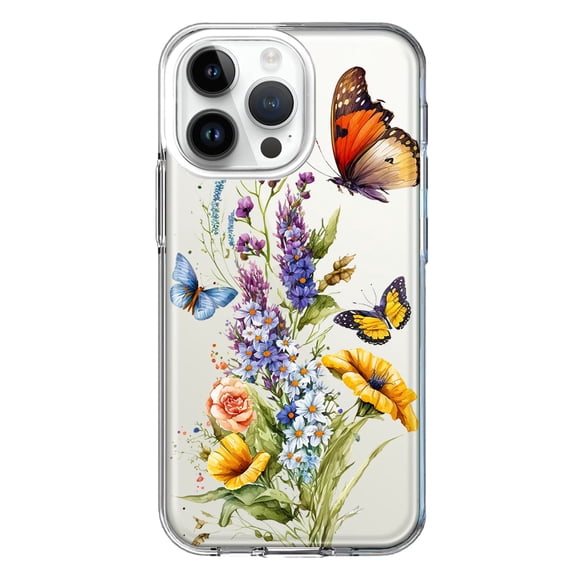 MUNDAZE Case for Apple iPhone 15 Pro Max Slim Hard Shell Soft TPU Hybrid Shockproof Heavy Duty Protective Phone Cover - Yellow Purple Spring Flowers Butterflies Floral