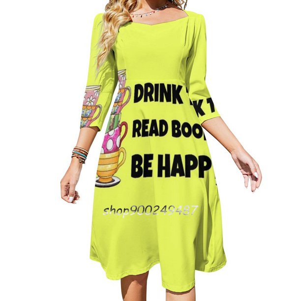 Beber té, leer libros, ser feliz Vestido acampanado con nudo de corazón, diseño de moda, vestido holgado de talla grande Beber té, leer libros, ser feliz