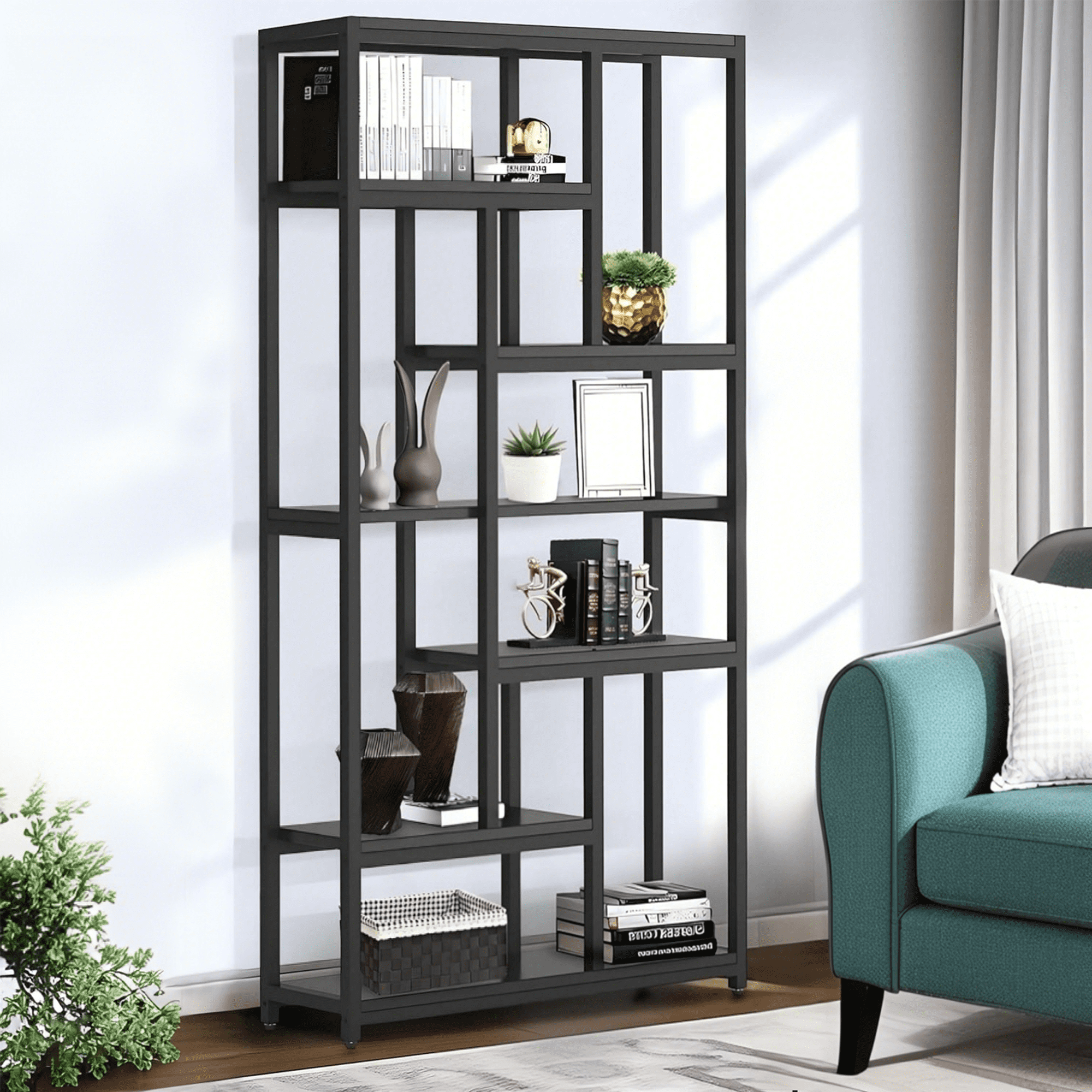 MAYEERTY Industrial Extra Tall Bookcase, 79 Inch 10 Open Staggered Storage Shelves with Anti-Tip Accessories for Living Room & Office