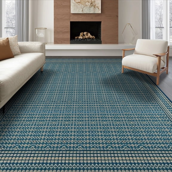 ODIKA 8'x10' Washable Area Rug Navy Solid Geometric That Couch Neutral Dusty Interlocking Diamond with Bordered Frame for Dining Room, Large Office, Lounge, Non-Slip Chair-Friendly Mat