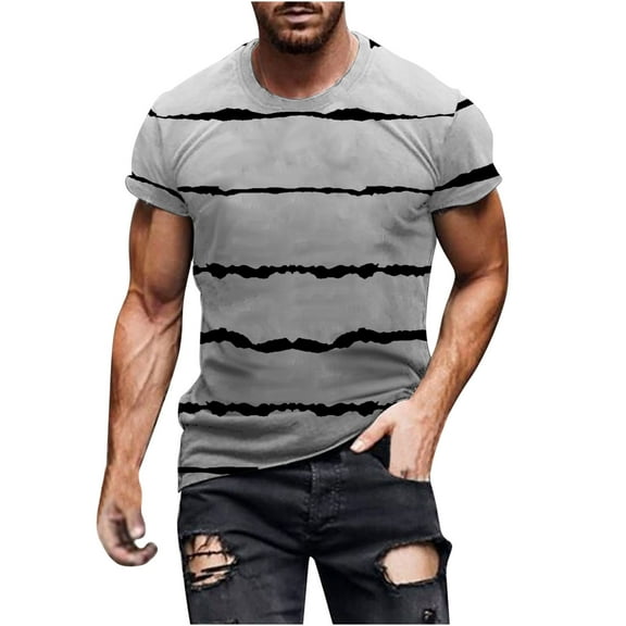 Penkiiy T Shirts for Men Casual Shorts Sleeves Round Neck Pullover Striped Printing Sports Fitness Blouse Plus Size Tops 2XL Dark Gray