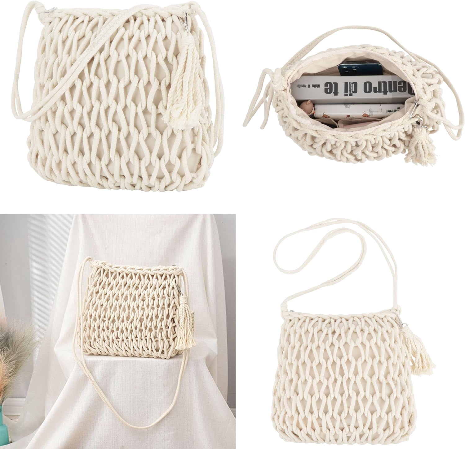 Women Large Tassels Cotton Crochet Cross-body Shoulder Bag Beach Tote Purse