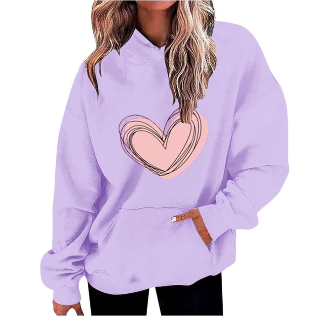 Plebaso Women's Heart Printed Hoodies Drawstring Long Sleeve Sweatshirts Loose Pullover Tops with Pockets