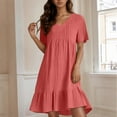 thumbnail image 2 of Casual Midi Dresses for Women Short Sleeve Knee Length Cotton Linen Loose Gauze Dresses V Neck Ruffle Tiered Layered Formal Beach Dresses Watermelon Red S, 2 of 5