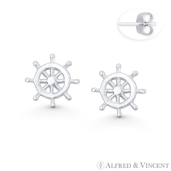 Helm Wheel Nautical / Sailing Charm Stud Earrings in .925 Sterling Silver