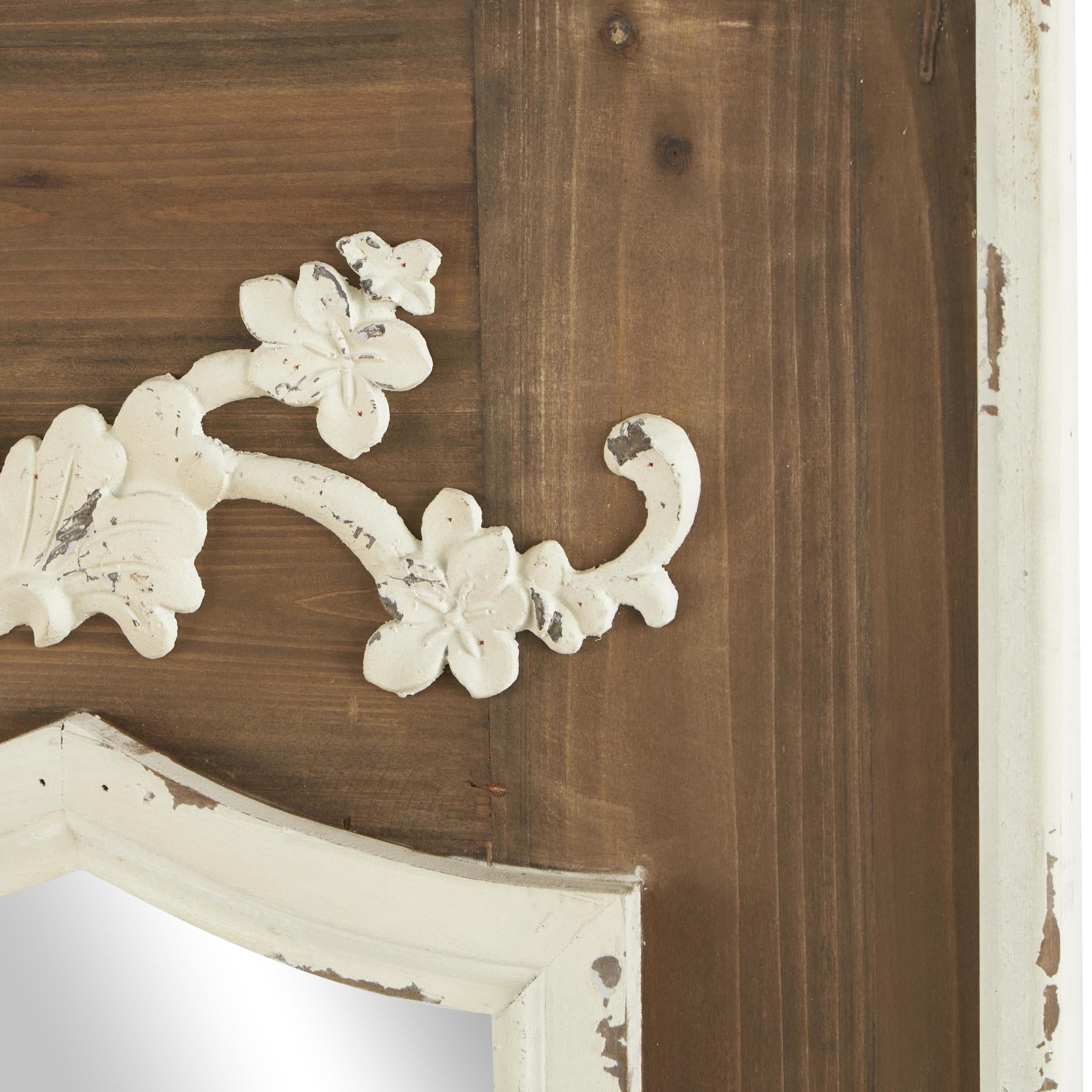 DecMode 33" x 43" Brown Vintage Inspired Acanthus Scroll Floral Wall Mirror with Distressed Cream Accents