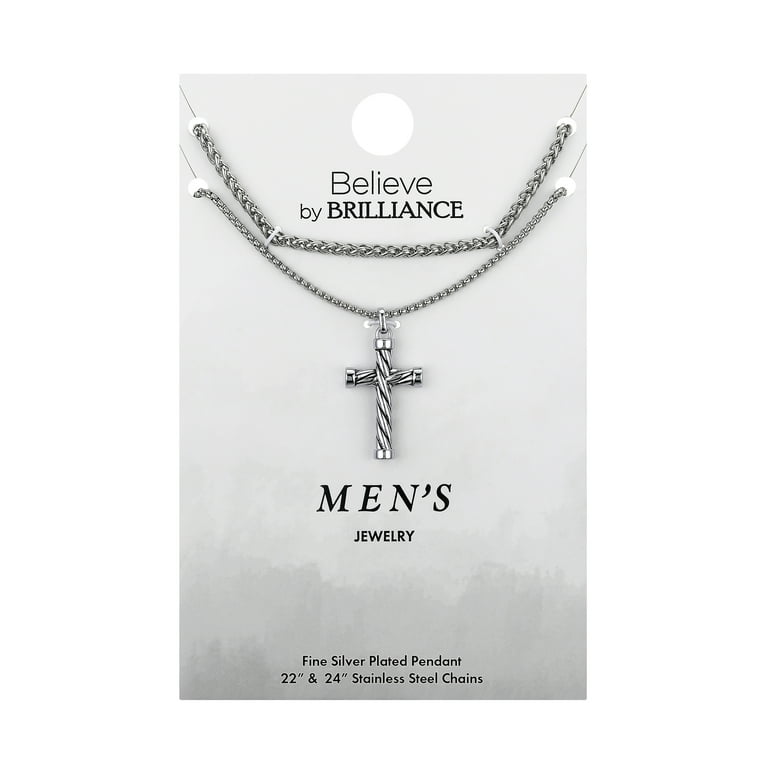 Believe by Brilliance Men's Wheat Chain and Cross Necklace Set, 22