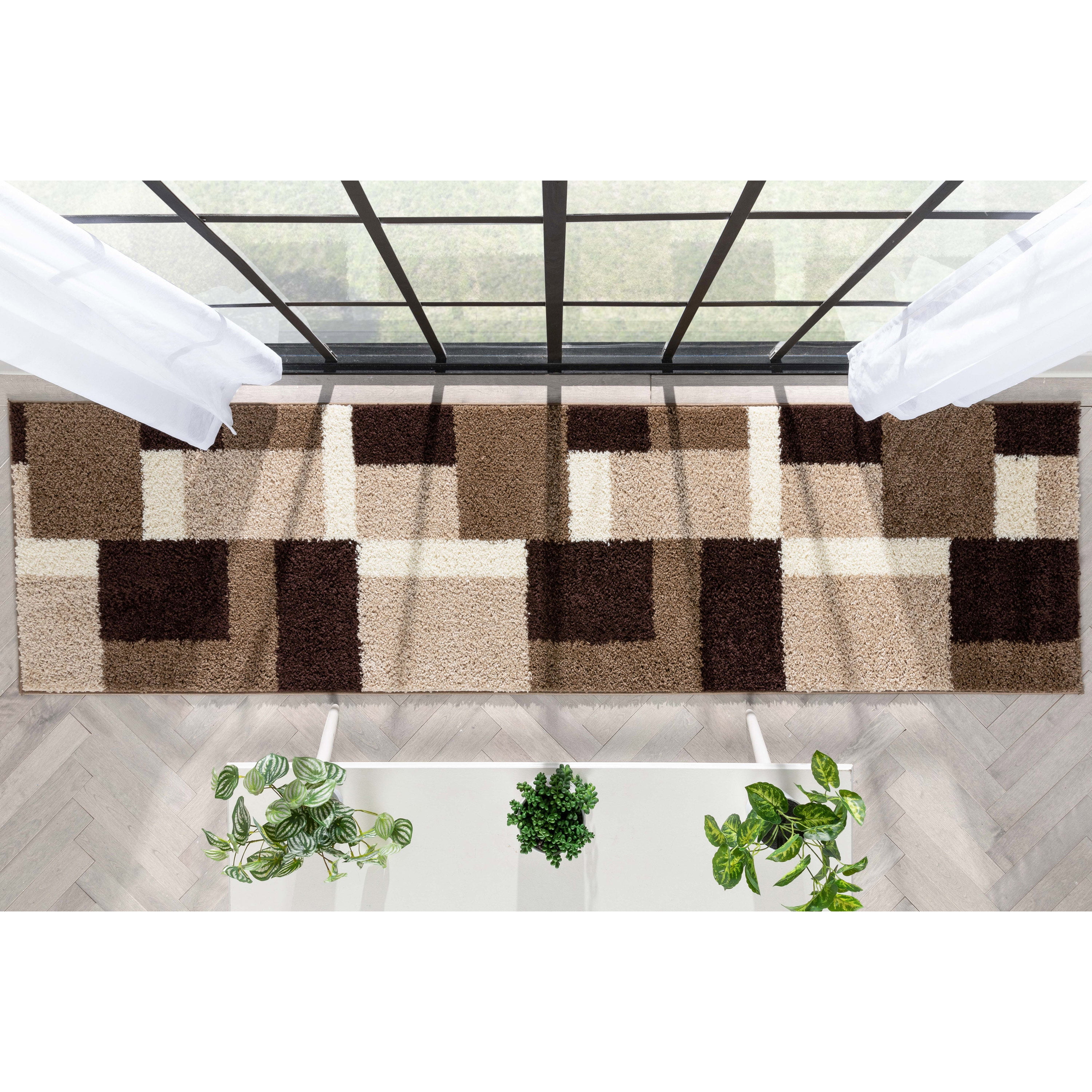 Well Woven Madison Basics Shag 2’7” x 9’10” Runner – Cubes in Beige Brown, Ultra‑Soft 2” Pile, Stain‑Resistant & Easy‑Clean