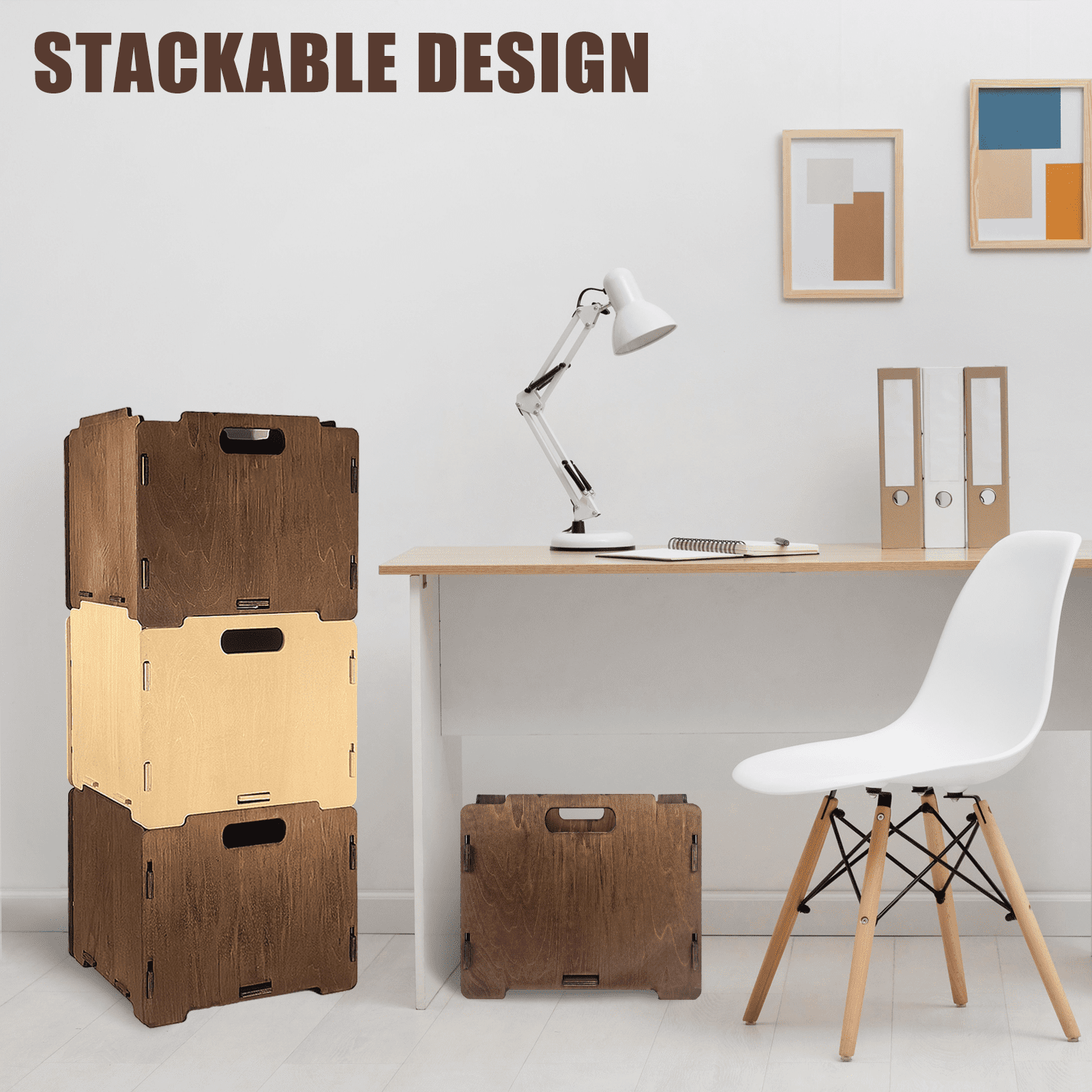 Solid Wood Foldable Storage Basket,Stackable Wooden Crate with Handles for Home Organization,Easy Assembly Decorative Wood Bin,13.6 in x 13.6 in x 12 in,2PC
