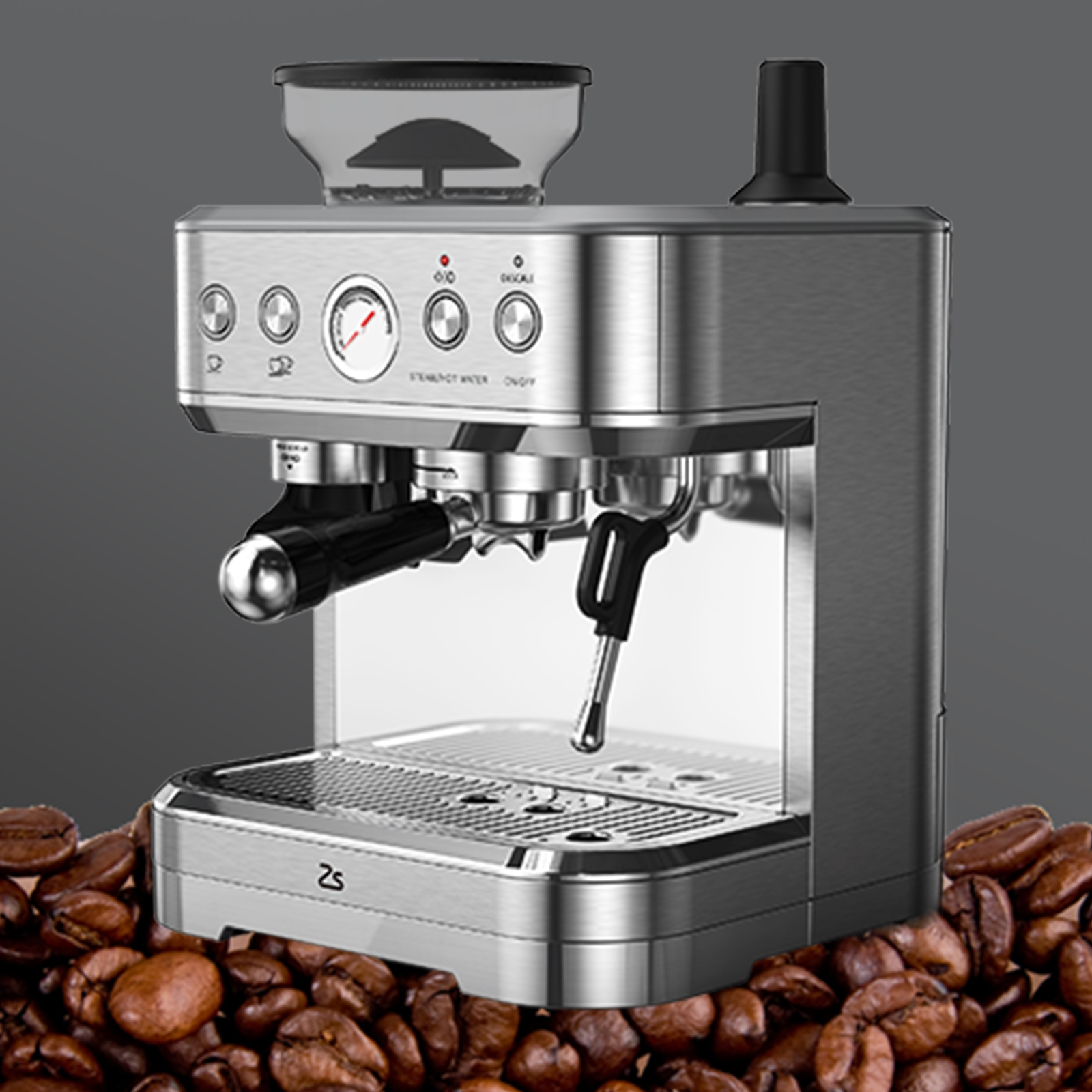 Ashion Espresso Machine 15 Bar Automatic Coffee Machine with Milk Frother and Grinder All In One Stainless Steel Coffee Maker with Pump, 2.5L Water Tank