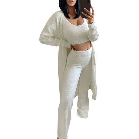 

Genuiskids Women s Sleepwear 3Pcs Set Plush Solid Color Sleeveless Vest Tops + High Waist Trousers + Long Sleeve Cardigan