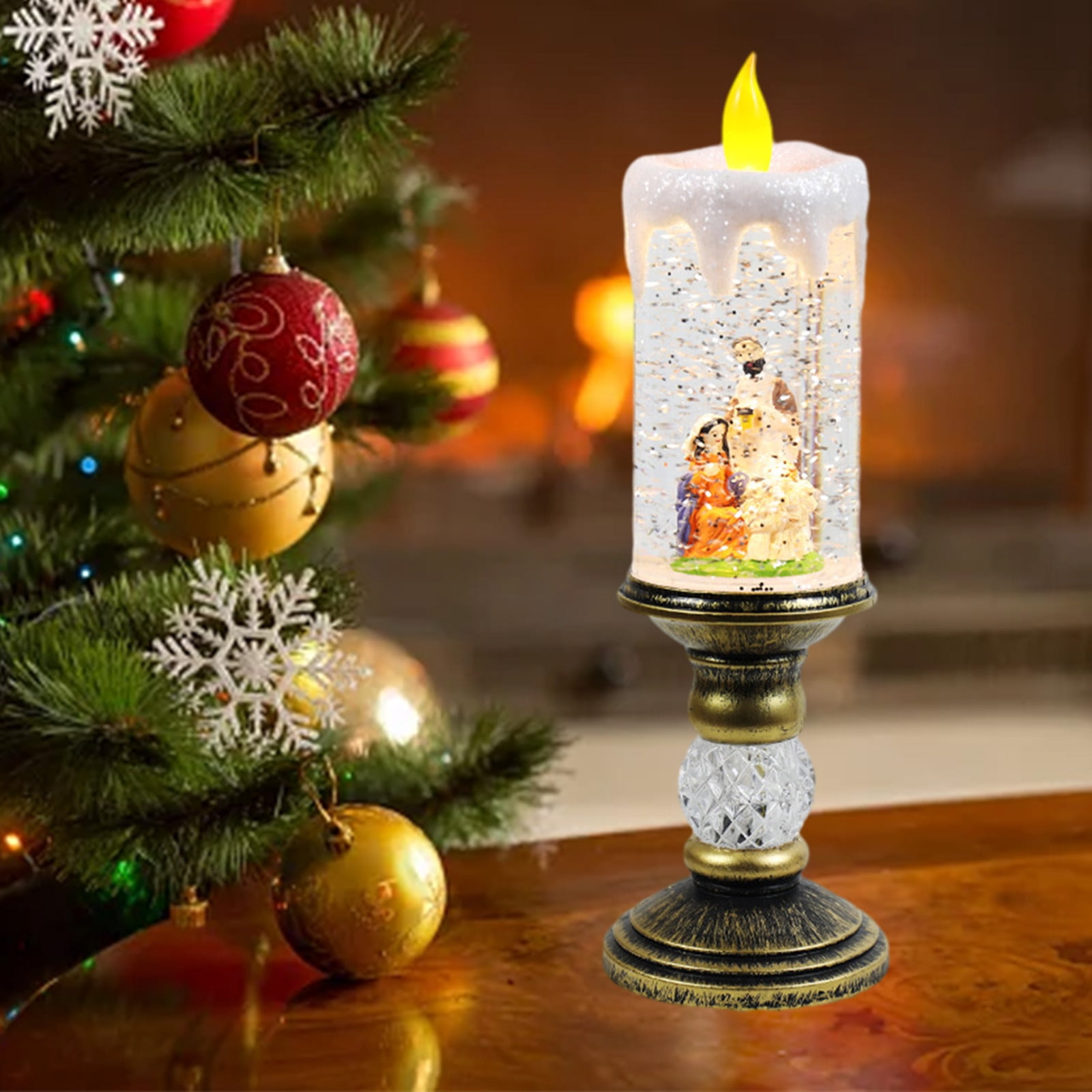 Dengmore Christmas Ornament Resin Luminous Santa Snowman Imitation Candle Light with Music Box LED Flameless Flickering Candle Lights Retro Night Light for Living Bedroom Xmas Decor