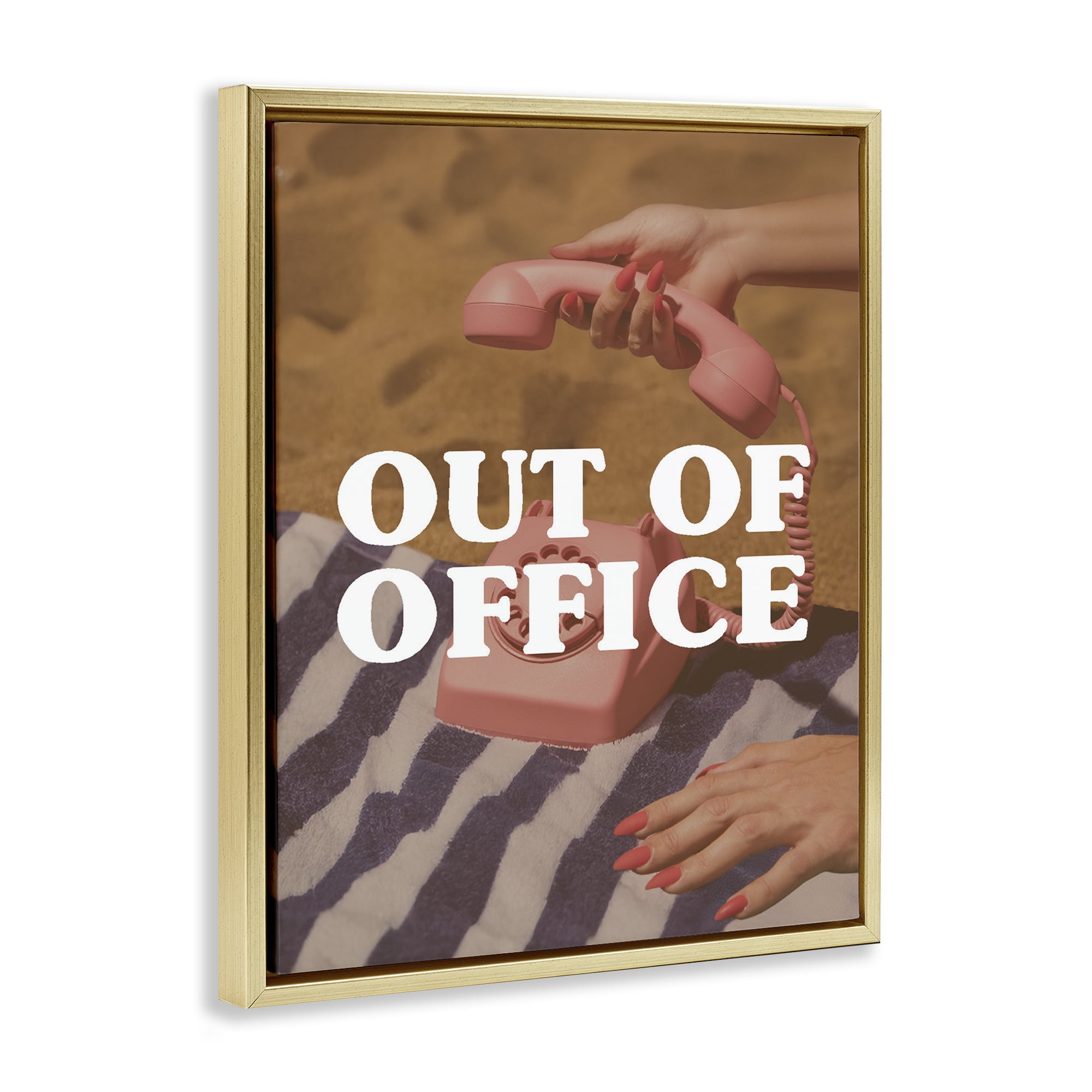 Out of Office Pink Phone Gold Framed Floater Canvas Wall Art, design by Lil' Rue