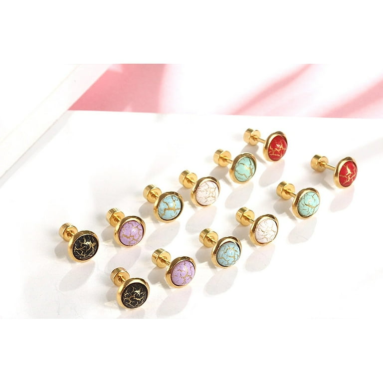 Women s Girl s Stainless Steel Gold Color 8mm Round Epoxy Resin Screw Back Stud Earrings Green