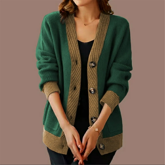 Amidoa Sweaters for Women Cardigan Button up Green Long Sleeve Winter Knit Oversized Colorblock Cardigans for Women L
