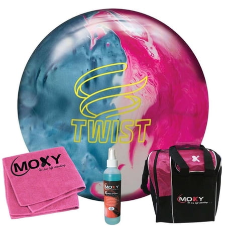 Brunswick Twist Sky Blue/Pink Snow Bowling Ball | Moxy Strike Pink Bowling Bag | Moxy Pink Micro Fiber Towel | Moxy Xtreme Power Cleaner Package