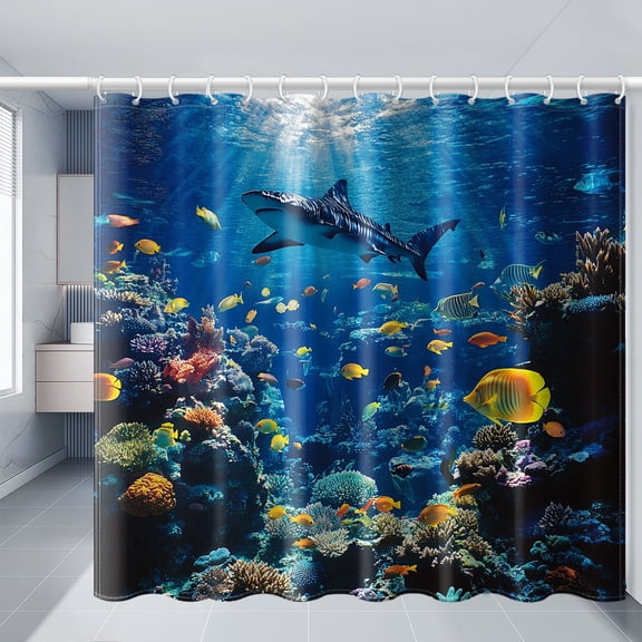 3D Underwater Coral Reef Shark Fish Shower Curtain with Hooks, Deep Sea Ocean Bathroom Decor