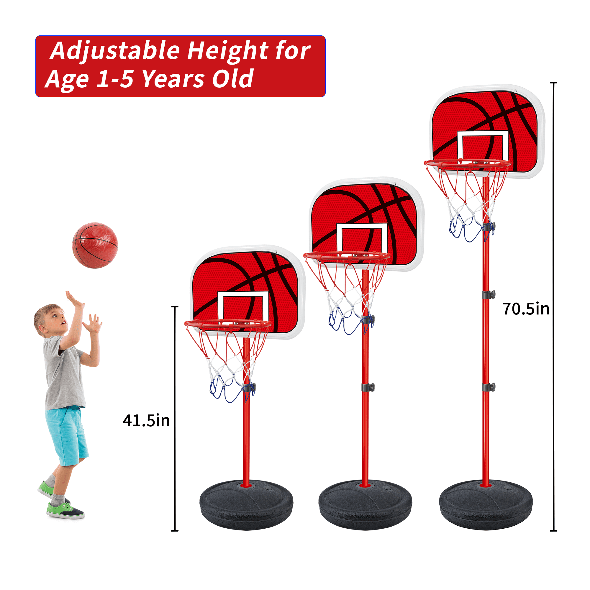 SaveJoy Kids Basketball Hoop with Stand, Adjustable Height Hoop for Age 2-5-8, Height 3.45-5.87 ft, Kids Outdoor Toys