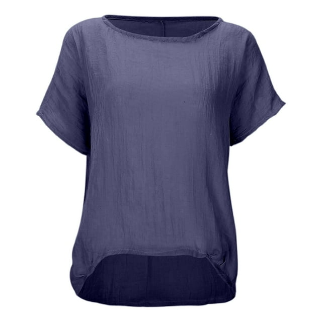 Women’s Soft Loose Fit Short Sleeve Linen Blouse - High Low Hem Design, Casual Comfortable Top, Solid Color Options