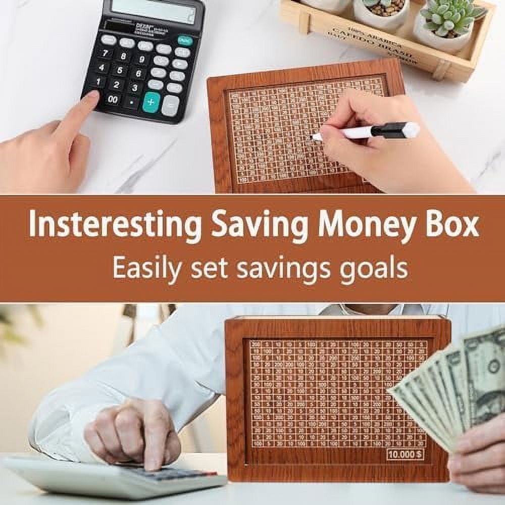 Cash Vault Wooden Savings Box with Locking Latch,Durable Wooden Money Saver with $1000/$10000/$3000/$5000 Money Targets,Numbers & DIY Marker for Personal Finance Goals