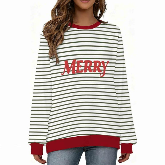 Maplenight Christmas Sweatshirts for Women Letter Printed Striped Crew Neck Sweatshirt Long Sleeve Regular Fit Casual Pullover Tops