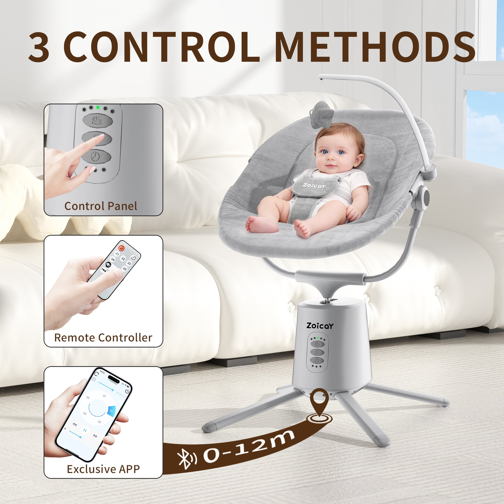 Zoicay Electric Baby Swing with App Remote Control, 5 Speeds 3 Sway Modes, Bluetooth Music, 5-Point Harness Infant Swing, Gray