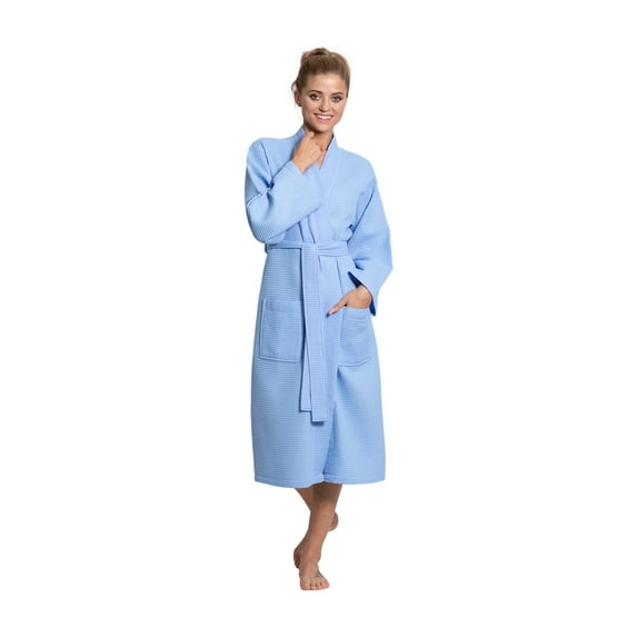 Turkuoise Women Premium Cotton Blend Lightweight Long Waffle Kimono Bath and Spa